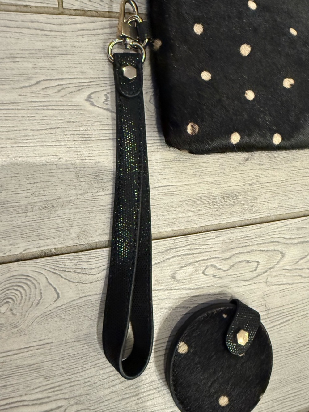 Chicos Hair on Hide Black Polka Dot Wristlet with Mirror - Picture 3 of 15